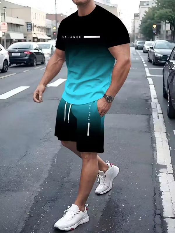 Men's Summer Regular-Fit Pure Short-Sleeve T-Shirt & Shorts Set — "BLANCE" Letter Print Edition
