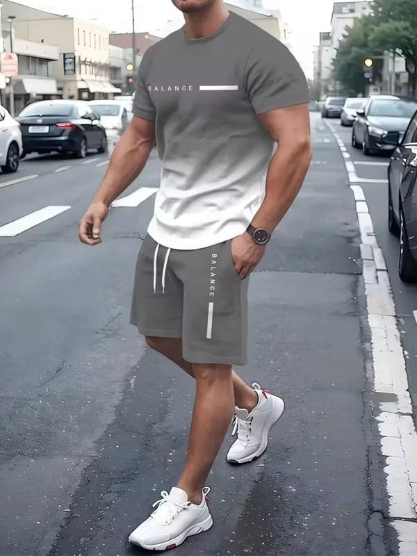 Men's Summer Regular-Fit Pure Short-Sleeve T-Shirt & Shorts Set — "BLANCE" Letter Print Edition