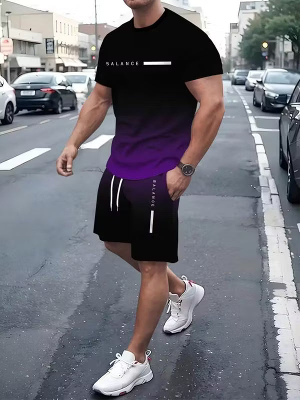 Men's Summer Regular-Fit Pure Short-Sleeve T-Shirt & Shorts Set — "BLANCE" Letter Print Edition