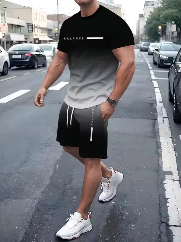 Men's Summer Regular-Fit Pure Short-Sleeve T-Shirt & Shorts Set — "BLANCE" Letter Print Edition