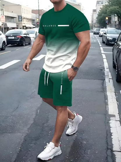 Men's Summer Regular-Fit Pure Short-Sleeve T-Shirt & Shorts Set — "BLANCE" Letter Print Edition